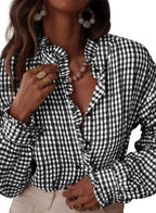 Plaid pleated V-neck shirt