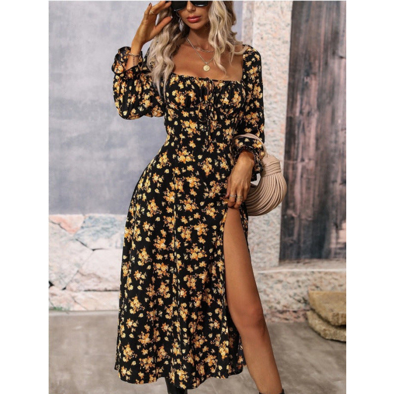 Printed long-sleeved square neckline dress with slit