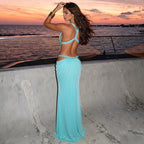 Sexy beautiful back deep V exposed navel solid color pleated splicing dress