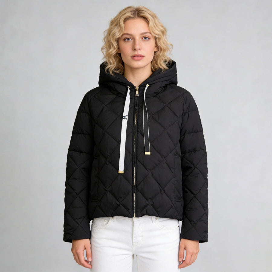 Hooded rhombus woven white duck down jacket