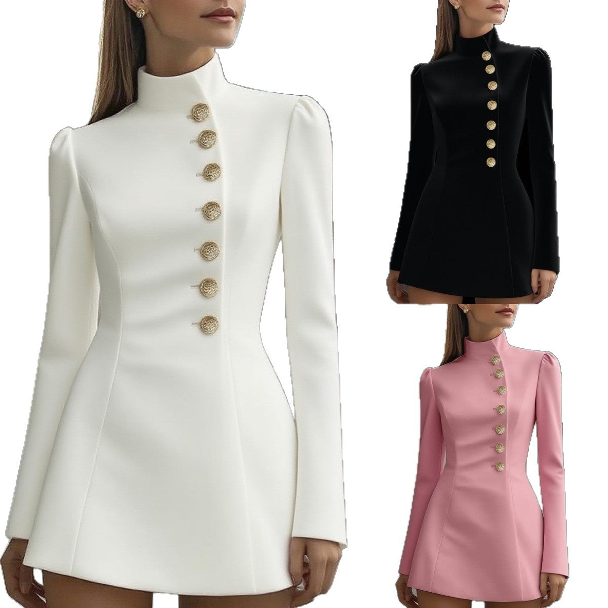 Solid color short-sleeved stand-up collar single-breasted dress