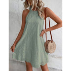 Lace Solid Color Sleeveless Button Neck Dress