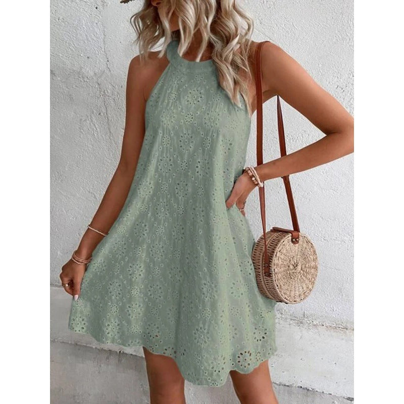 Lace Solid Color Sleeveless Button Neck Dress
