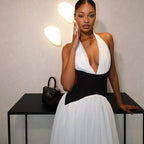 Pleated deep V-neck neck long dress