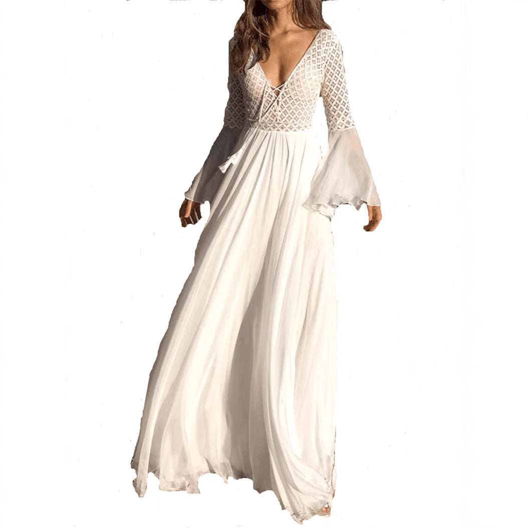 Lace Splicing Deep V-Neck Flared Sleeve Dress