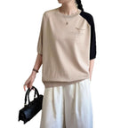 Striped color matching crew neck short-sleeved knitted sweater
