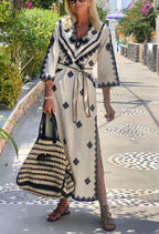 Printed belt hemp dress