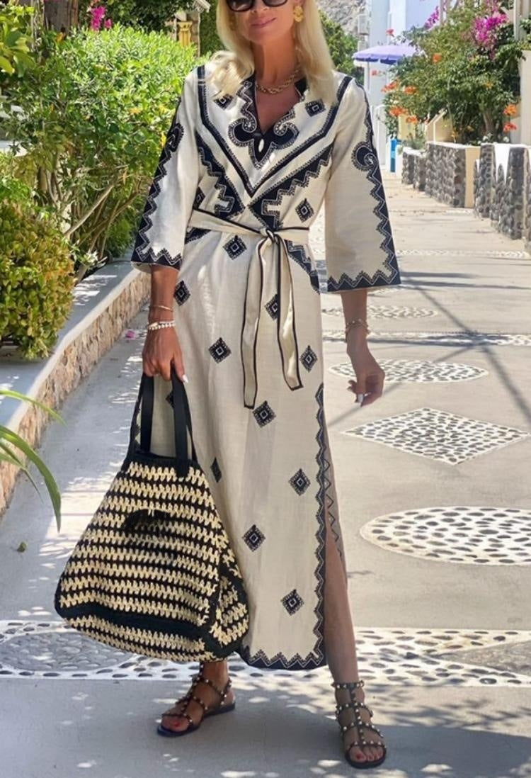 Printed belt hemp dress
