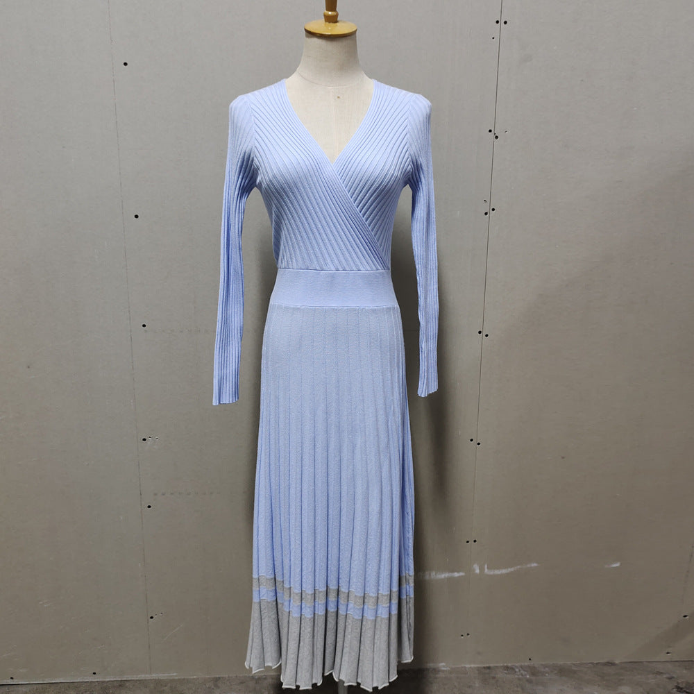 Long Sleeve V-Neck Breast Wrap Medium and Long Knitted Pleated Dress Bottom Dress