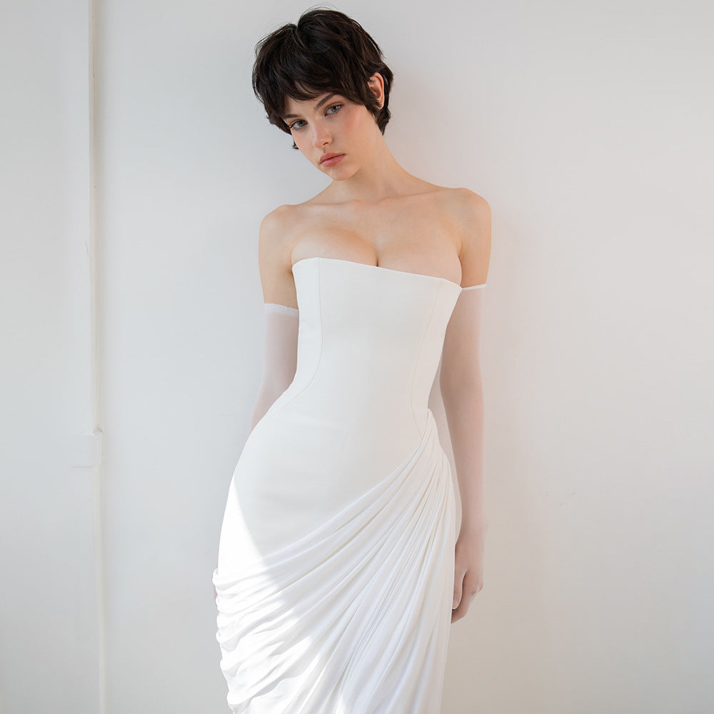 White bandeau twill pleated dress Europe
