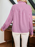 Plaid pleated V-neck shirt