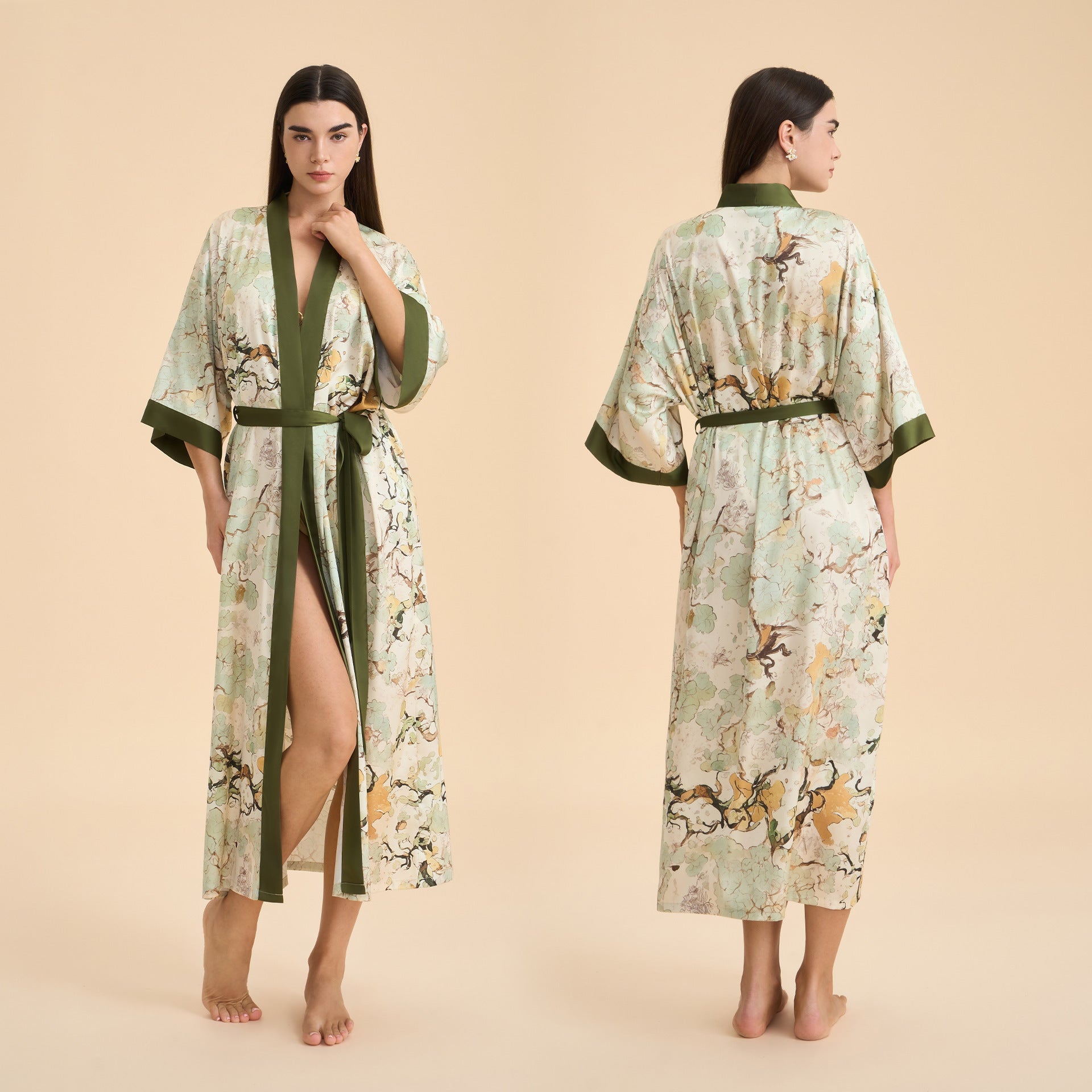 Satin chiffon bathrobe shuffle print nightgown