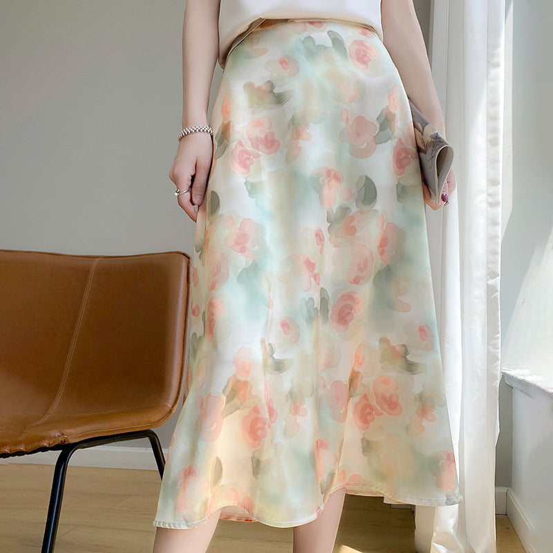 Silk satin 2026 spring and summer women's skirt temperament printing French umbrella skirt loose high waist over the knee A-shaped skirt