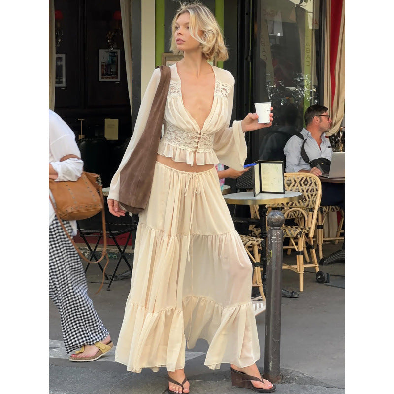 Lace chiffon cardigan top strap-on dress