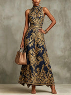 Vintage gold embroidered long dress