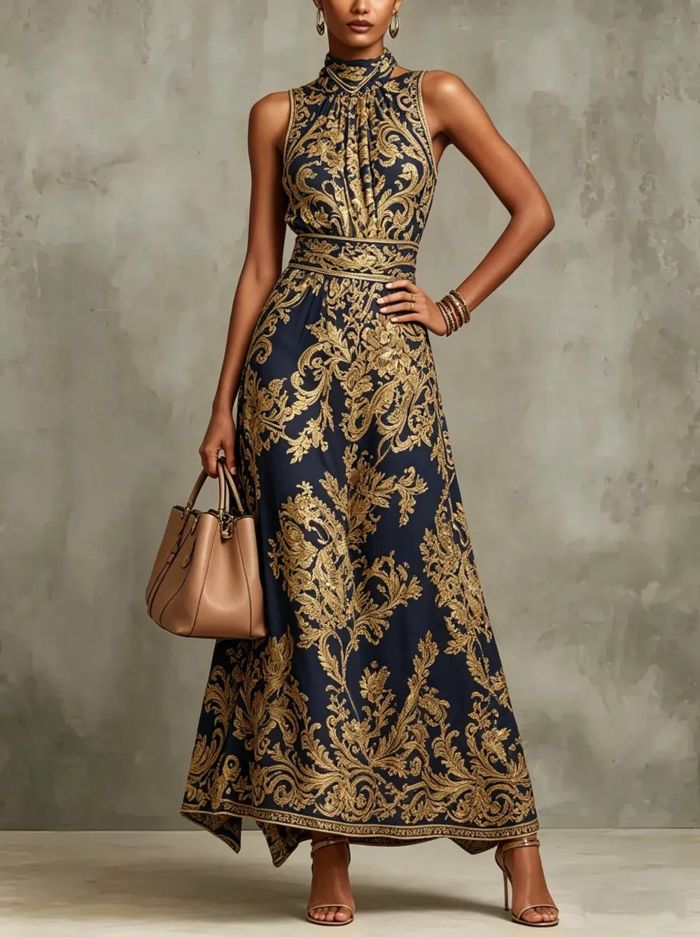 Vintage gold embroidered long dress