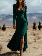 Vintage Western-style button-down pleated long sleeve sexy maxi skirt