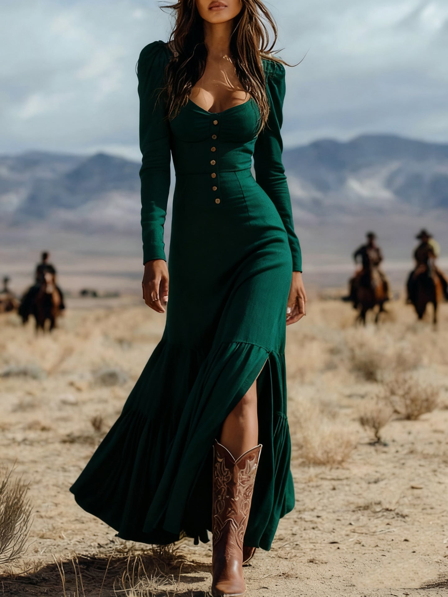 Vintage Western-style button-down pleated long sleeve sexy maxi skirt