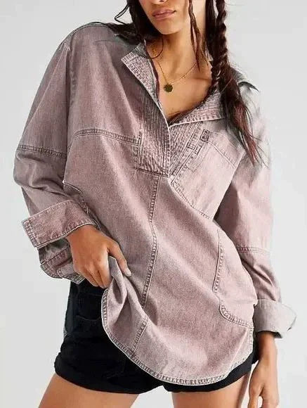 Women's Slim-Fit Denim Shacket (Shirt Jacket) - Lapel Long Sleeve Oversized Coat