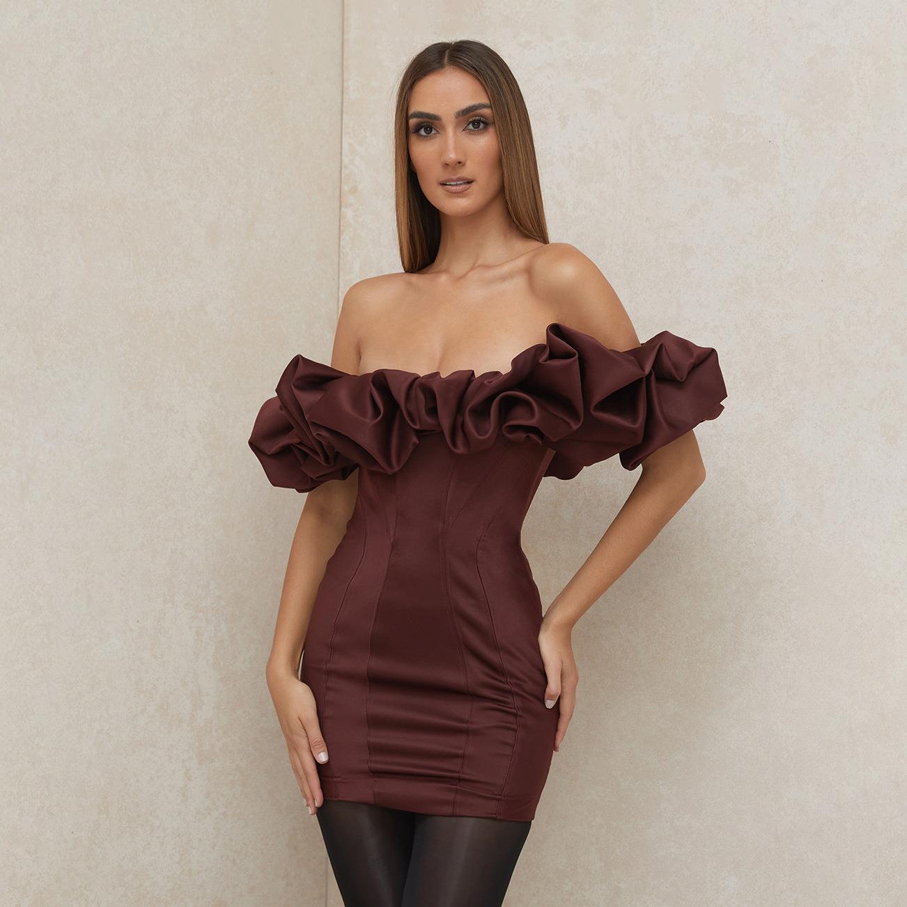 bandeau one-shoulder herringbone ruffled dress