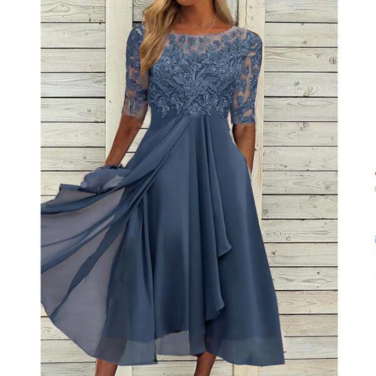 Chiffon splicing lace hollow dress