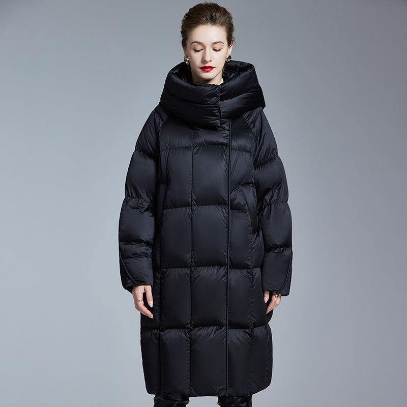 Long knee-length thickened loose white duck down jacket