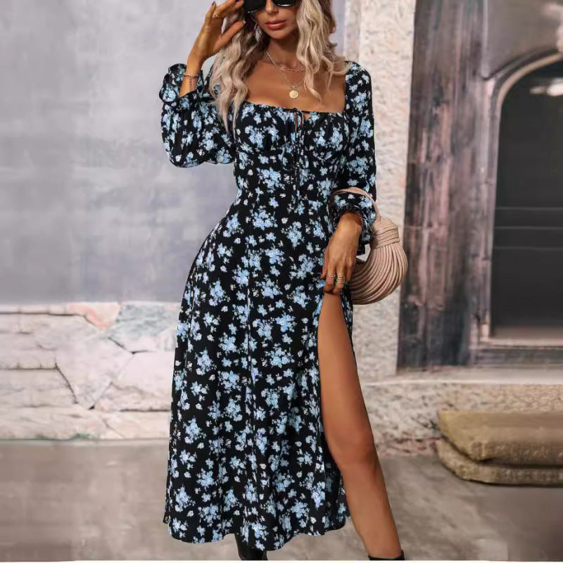 Printed long-sleeved square neckline dress with slit