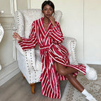 Flannel medium and long striped nightgown