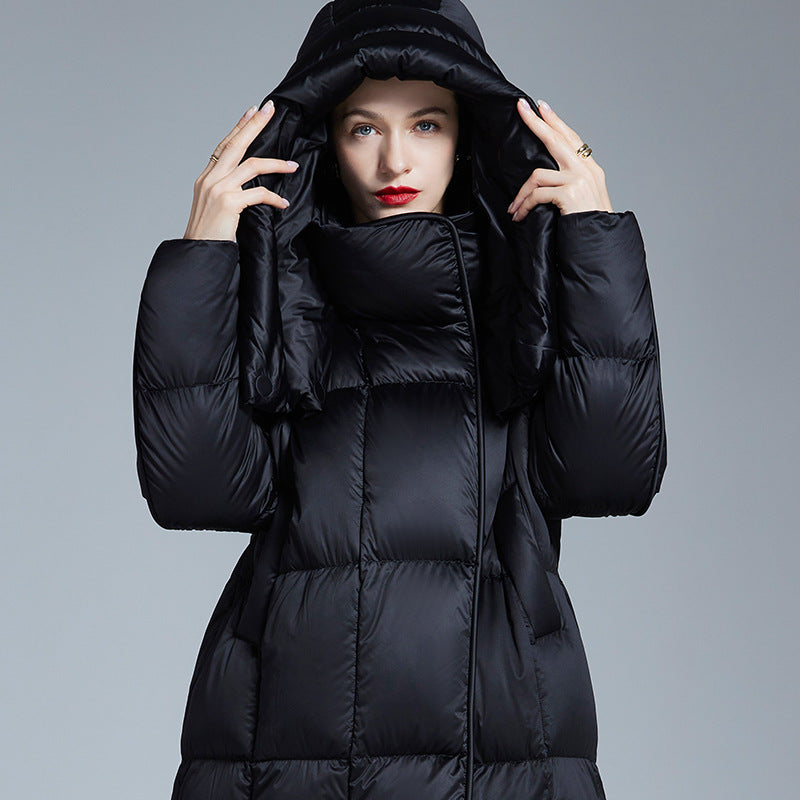 Long knee-length thickened loose white duck down jacket