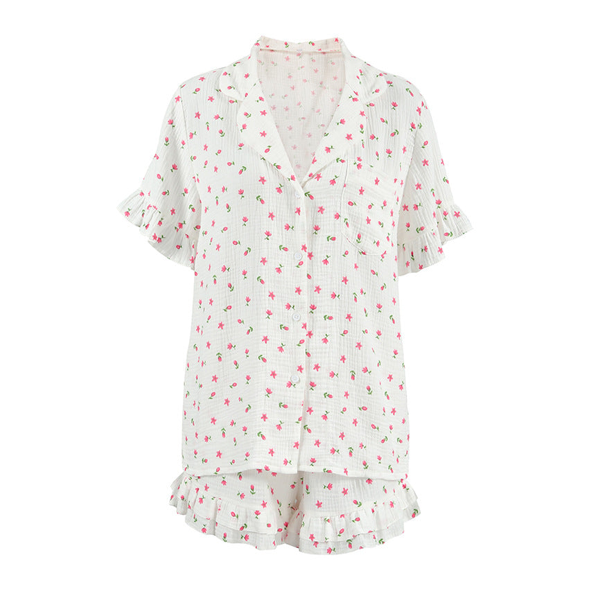 Printed short-sleeved cotton and silk pajamas