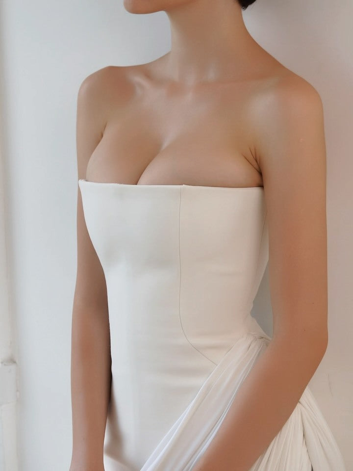 White bandeau twill pleated dress Europe