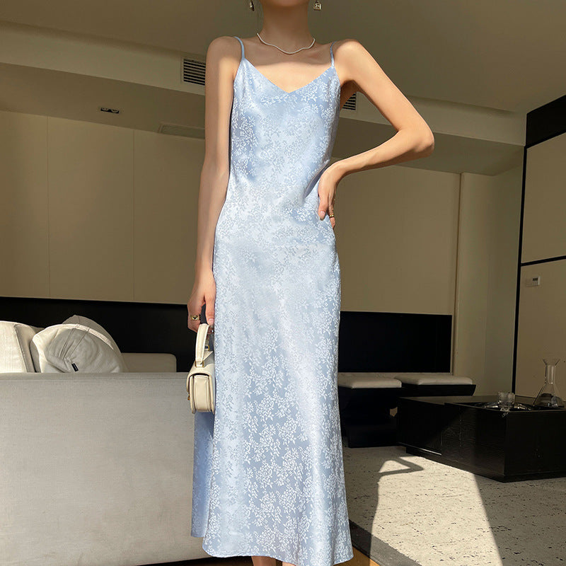 V-neck silk printing temperament slim base sexy dress