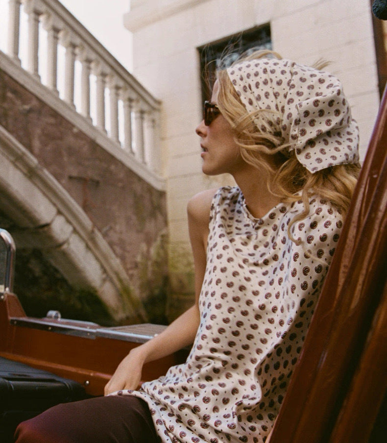 Coffee bean print loose satin dress