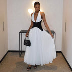 Pleated deep V-neck neck long dress