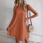 Lace Solid Color Sleeveless Button Neck Dress