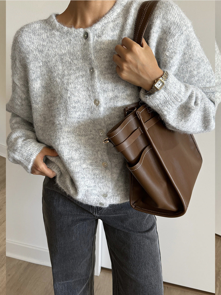 Vintage buckle grey wool knitted cardigan
