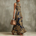 Vintage gold embroidered long dress