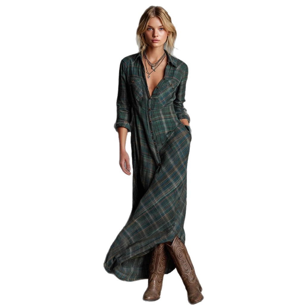 Elegant long-sleeved plaid shirt dress