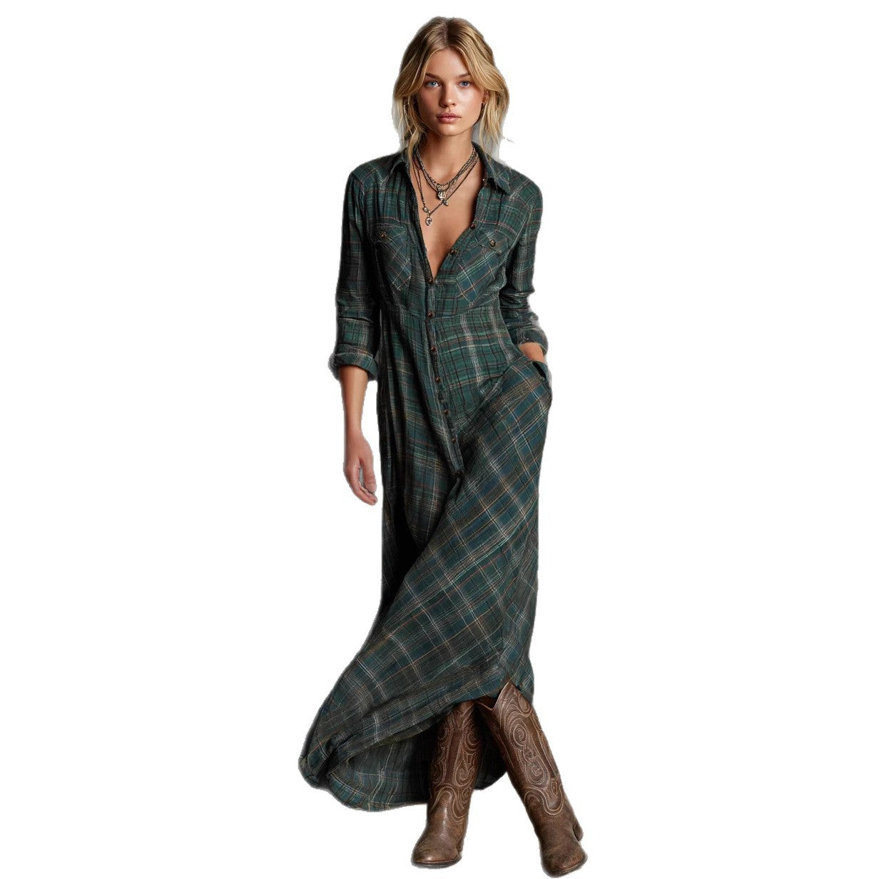 Elegant long-sleeved plaid shirt dress