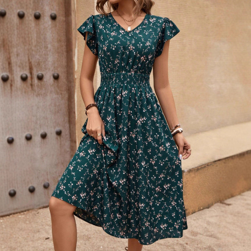 French Fashion Dress Women's Short Sleeve Floral