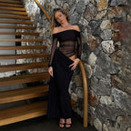 One-word shoulder mesh see-through long dress