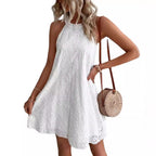 Lace Solid Color Sleeveless Button Neck Dress
