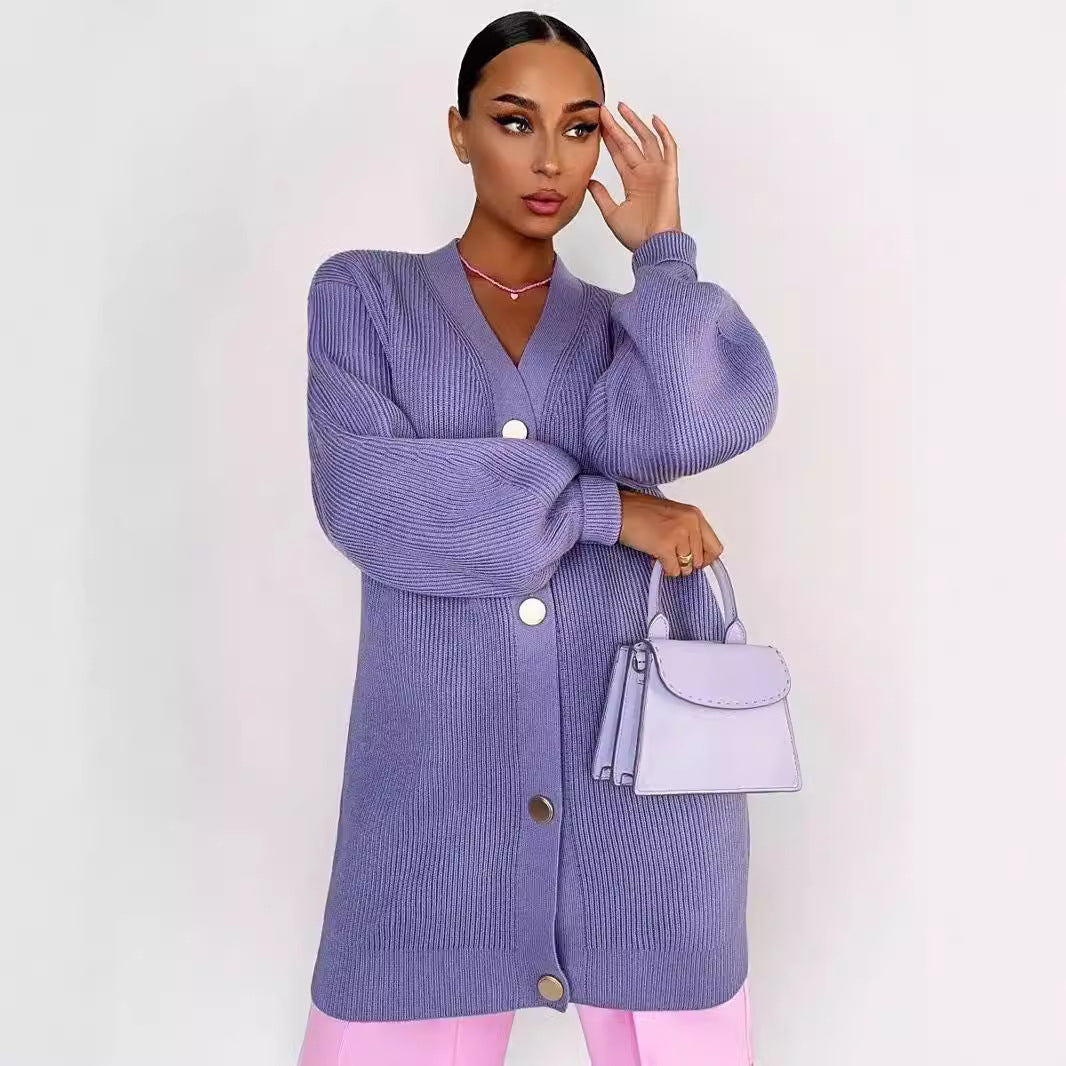 Solid color cardigan knitted breasted cardigan