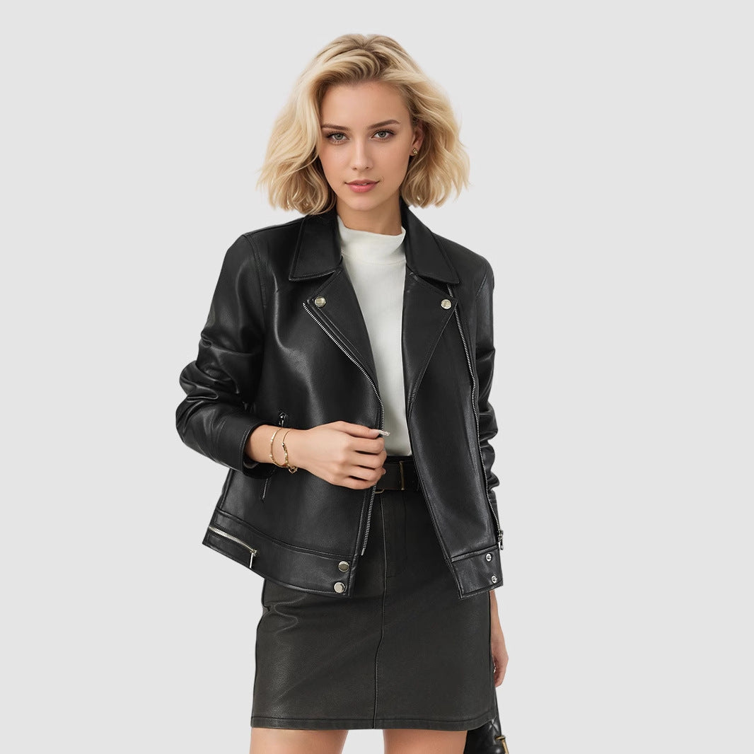 Leather jacket short lapel leather jacket