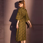 Seven-quarter-sleeved jacquard ice silk nightgown