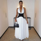 Pleated deep V-neck neck long dress