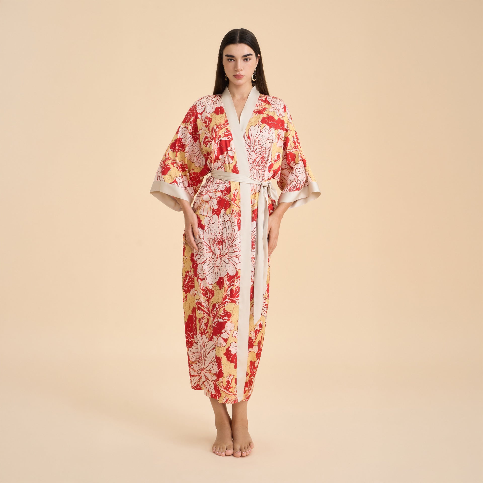 Satin chiffon bathrobe shuffle print nightgown