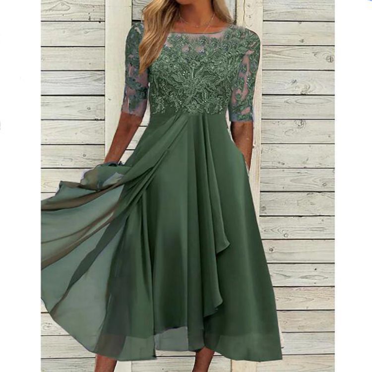 Chiffon splicing lace hollow dress