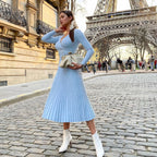 Long Sleeve V Neck Breast Wrap Medium and Long Knitted Pleated Dress Bottom Dress