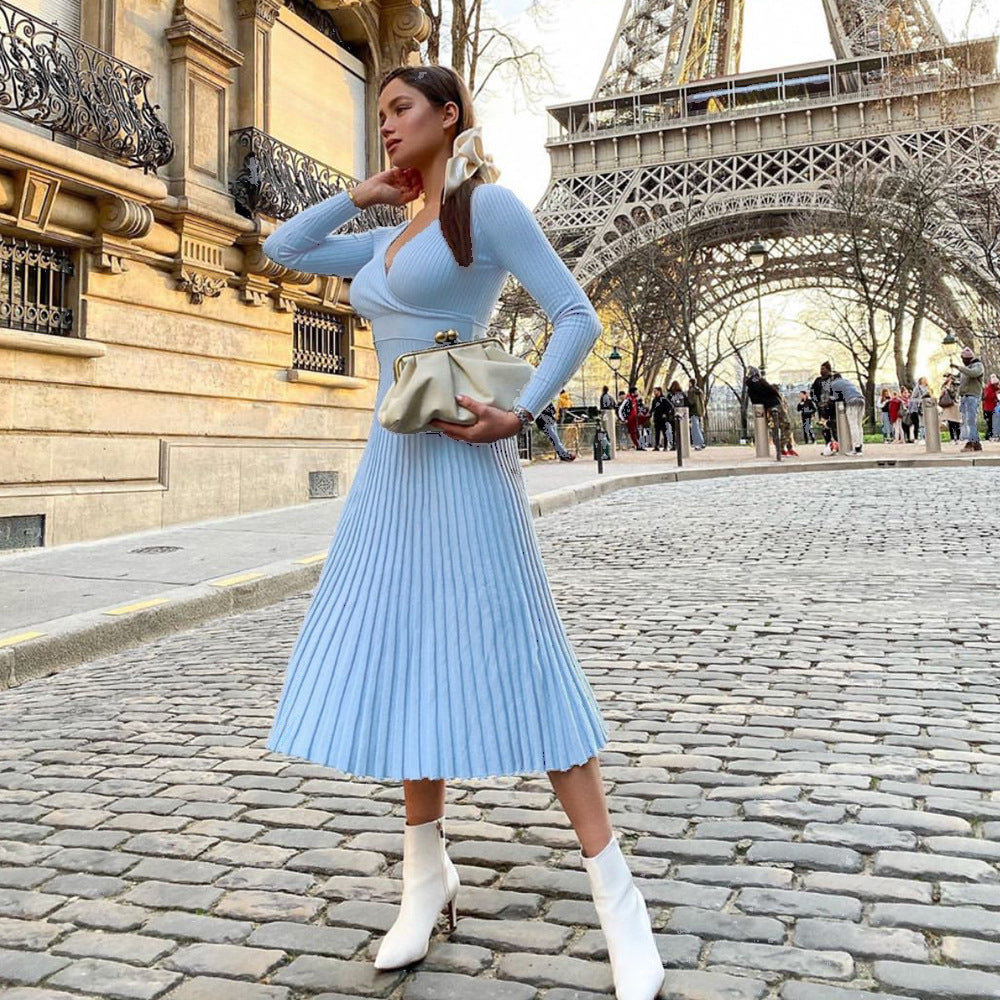 Long Sleeve V-Neck Breast Wrap Medium and Long Knitted Pleated Dress Bottom Dress